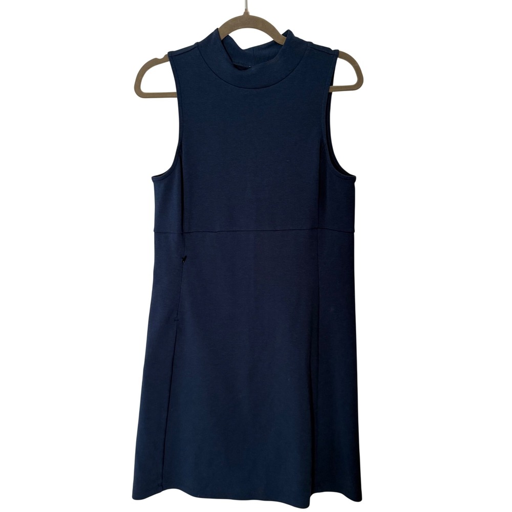 Title Nine Navy Blue Mock Neck Sleeveless Shift Dress‎ golf dress Stripe Back M